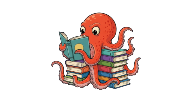 Cartoon octopus reading a book on a stack of books isolated on white background