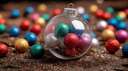 Clear bauble filled with colorful glitter mini balls on wooden surface
