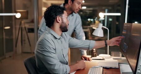Trading, computer screen or people in office at night, stock market review or advice for investment. Trend discussion, investor team or men with pc for late data analysis, fintech or revenue stats - Powered by Adobe