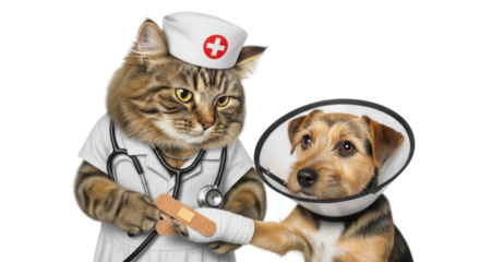 Cat dressed as a doctor bandaging injured dog paw on white background