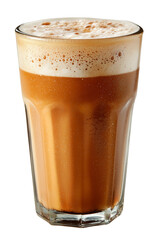 a tall glass of teh tarik with frothy foam on top, warm caramel and creamy white tones | transparent png