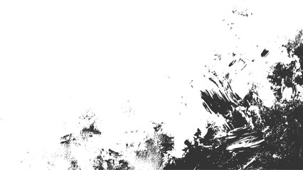 Black ink brush strokes and splatters on white background abstract