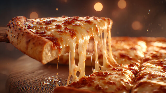 Delicious slice of hot pizza with an incredibly satisfying cheese pull