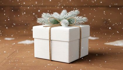 White gift box with winter pine decoration and falling snow on warm brown background