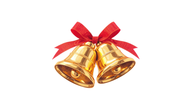 Two golden Christmas bells tied with a red ribbon illustration, festive holiday decoration with cheerful seasonal charm, logo, vector design, png file, isolated on white.