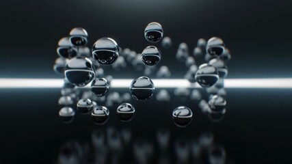 Abstract 3D rendering of reflective metallic spheres levitating in a dark, futuristic environment with a glowing horizontal light. - Powered by Adobe