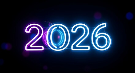 Neon Numbers 2026 with Christmas Ornament and Bokeh Lights new year glowing