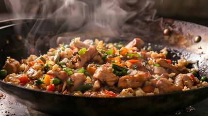 Sizzling Chicken Stir-Fry with Fresh Vegetables and Steaming Rice in a Hot Wok