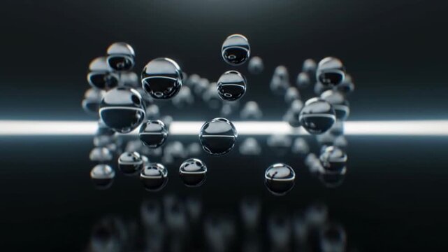 Abstract 3D rendering of reflective metallic spheres levitating in a dark, futuristic environment with a glowing horizontal light.