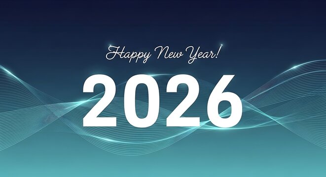 Happy New Year 2026 with abstract wavy lines and gradient background numbers text