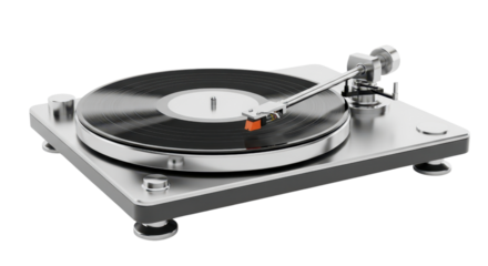 Silver turntable with a vinyl record vintage audio equipment for playing music isolated on a white background