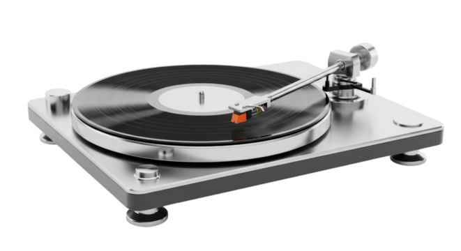 Silver turntable with a vinyl record vintage audio equipment for playing music isolated on a white background