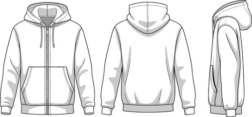 Hoodie sweatshirt technical fashion sketch with front, back and side views, detailed garment design template, cad drawing flat vector illustration © Creative Asif