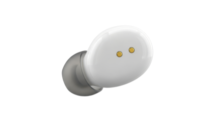 Close-up of a white wireless earbud showcasing its sleek design and charging contacts isolated on a white background