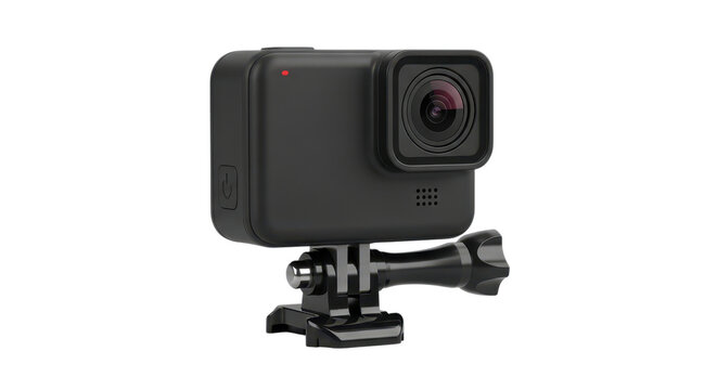 Black action camera with mount a rugged and compact device ideal for capturing adventures and extreme sports on white background