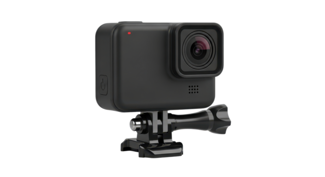 Black action camera with mount a rugged and compact device ideal for capturing adventures and extreme sports on white background