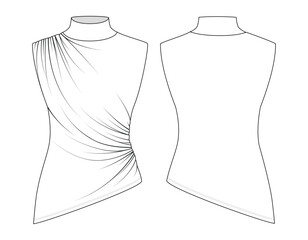 Fashion technical drawing of draped turtleneck sleeveless top with asymmetrical hem. Front and back fashion flat sketch. © Anastasiia