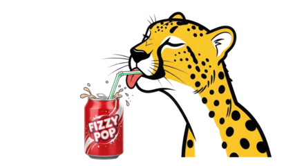 Cheetah drinking Fizzy Pop soda from a can with straw on white background