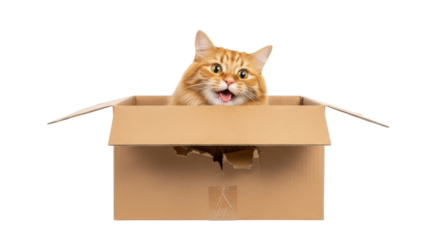 Ginger cat looking out of a cardboard box on white background