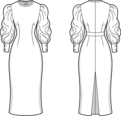 Mid-calf dress with puff sleeves technical fashion sketch, front and back view, gathered texture, cad drawing flat vector illustration