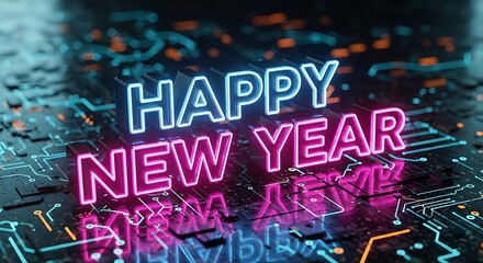 Happy New Year 2026 neon text on circuit board background celebration greeting
