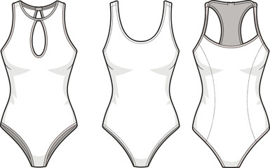 One-piece swimsuit technical sketch, fashion design, swimwear styles, racerback, scoop neck, cad drawing flat vector illustration, garment template