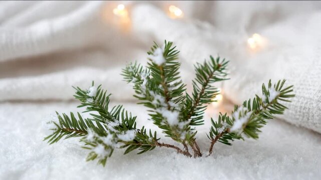 Snow-dusted pine branches evoke winter's tranquility, serene natural scene with soft lighting, perfect for Christmas or winter-themed designs