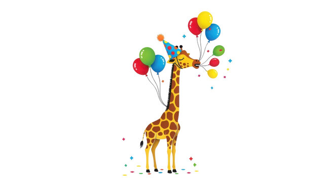 Cartoon giraffe wearing a party hat with balloons isolated on white background