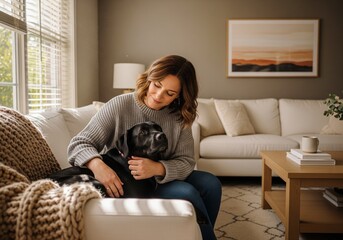 Smiling woman in a grey knit sweater cuddling a black Labrador dog on a white sofa in a sunlit living room, depicting pet love and cozy home comfort