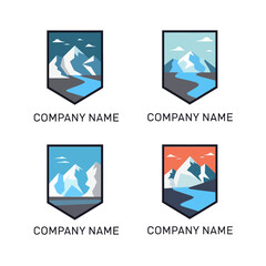 Naklejka premium Set of four mountain landscape logo emblems for company branding.