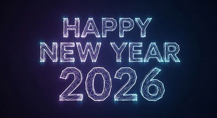 Happy New Year 2026 wireframe text with starry background celebration greeting