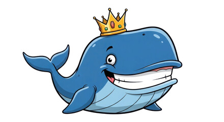 Naklejka premium Cartoon whale with big smile wearing a crown on white background