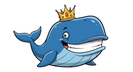 Cartoon whale with big smile wearing a crown on white background
