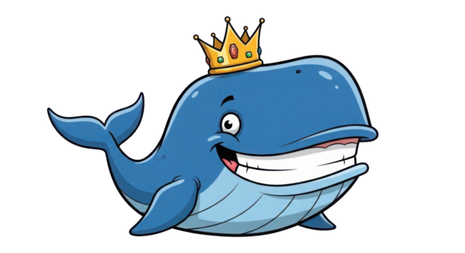 Cartoon whale with big smile wearing a crown on white background