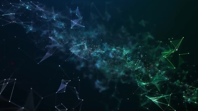 Flowing digital data stream represented by an abstract plexus structure with glowing particles on a dark futuristic background
