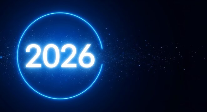 Glowing neon circle with 2026 number on dark starry background new year