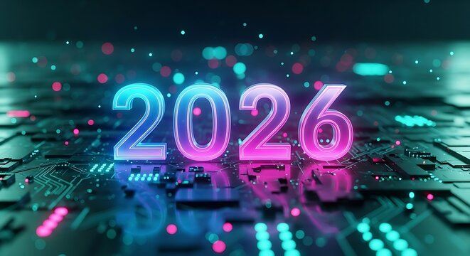 Glowing 2026 Numbers on a Digital Circuit Board with Bokeh Lights new year