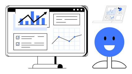 Obraz premium Data analytics dashboard displaying charts, growth graphs, and metrics alongside a smiling character. Ideal for analytics, monitoring, planning, performance, business, productivity simple flat