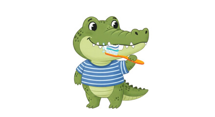 Fototapeta premium Cartoon alligator brushing teeth on white background