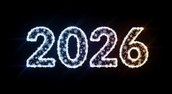 Glowing 2026 numbers with snowflake texture and light flares new year