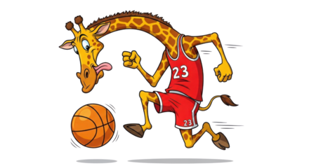 Cartoon giraffe playing basketball on white background