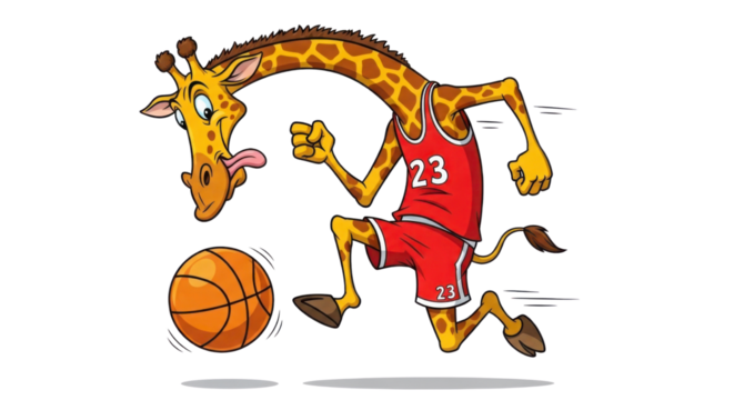 Cartoon giraffe playing basketball on white background