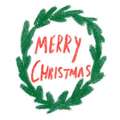 Hand-Drawn &ldquo;Merry Christmas&rdquo; Wreath with Red Lettering and Green Leaves. High-resolution PNG with transparent background suitable for professional creative projects.