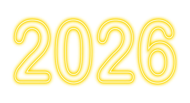 Neon text 2026: Glowing yellow numbers on a transparent background for 2026.