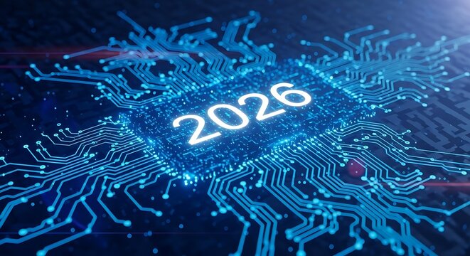 Glowing 2026 on a Blue Circuit Board Microchip technology digital - Powered by Adobe