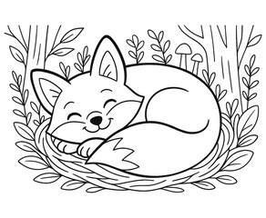 Sleeping fox curled up in nest with mushrooms and leaves coloring page vector