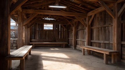 Fototapeta premium Interior of a rustic wooden shelter with simple benches and dramatic sunlight creating shadows on the dirt floor