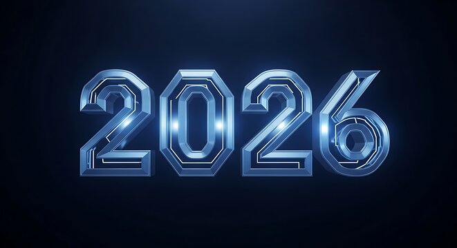 Futuristic 3D Metallic 2026 Numbers with Blue Glow on Dark Background new year future