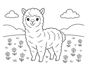 Cute alpaca cartoon standing on meadow with flowers outline vector