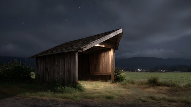 A weathered rustic wooden shelter with an open side rests in a tranquil rural landscape at night bathed in soft moonlight under a starry sky